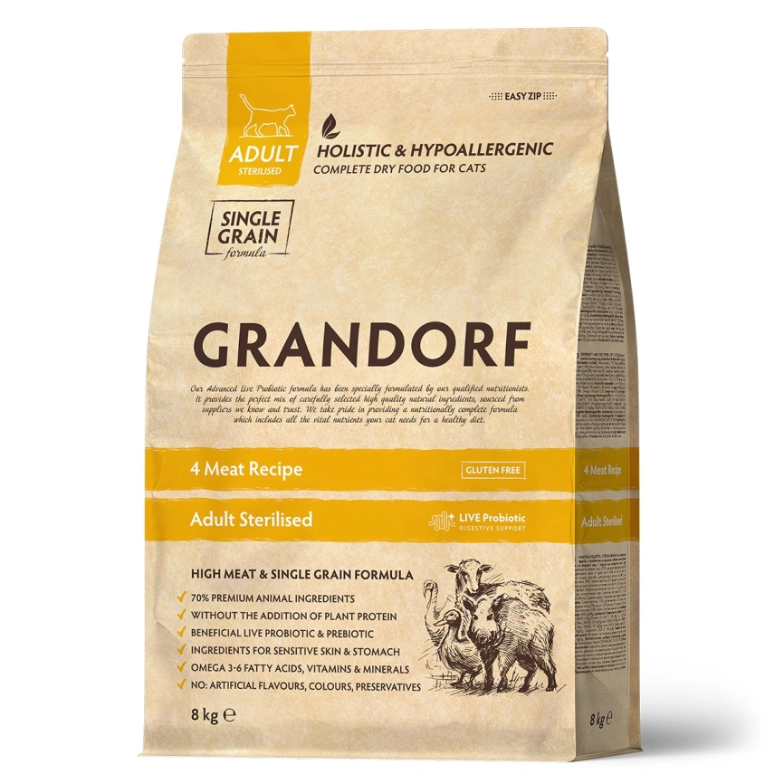 Сухой корм Grandorf 4 Meat Probiotic Sterilised Четыре вида мяса для стерилизованных кошек, 8 кг фото 1