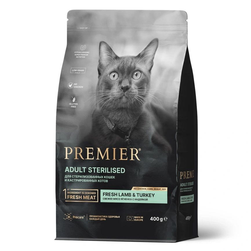 Сухой корм Premier Cat Lamb & Turkey Sterilised для стерилизованных кошек, 400 г фото 1
