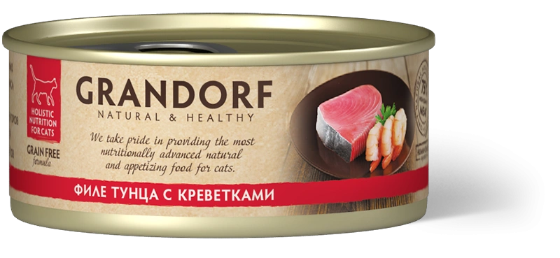 Влажный корм консервы Grandorf Tuna with prawn in broth Филе тунца с креветками в бульоне, 70 г фото 1