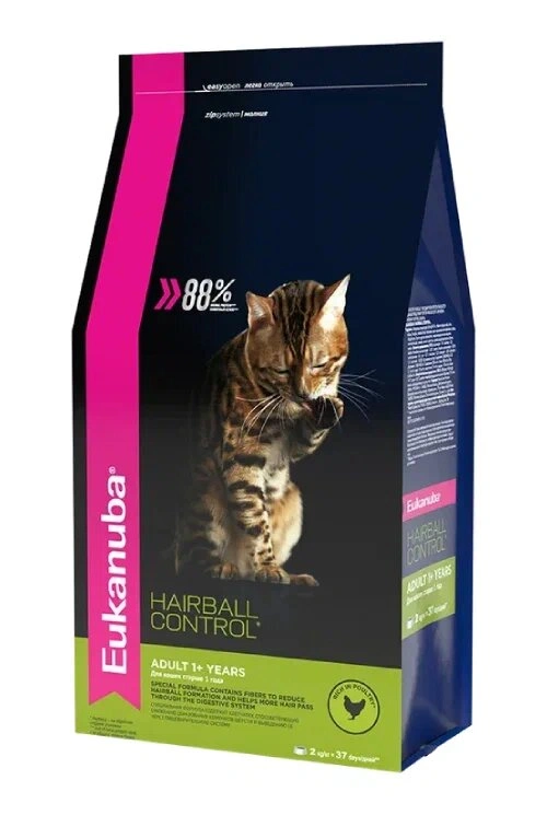 Сухой корм Eukanuba Hairball Control для взрослых кошек, 2 кг фото 1