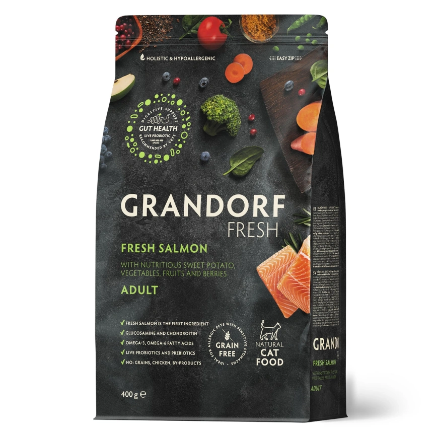Сухой корм Grandorf Fresh Cat для взрослых кошек для здоровья кожи и шерсти или склонных к аллергии лосось с бататом 400 г фото 1