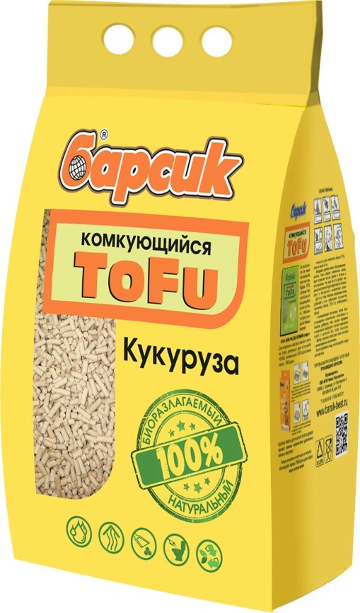 Наполнитель Барсик для кошачьих туалетов, комкующийся Tofu кукурузный, 4,54 л фото 1