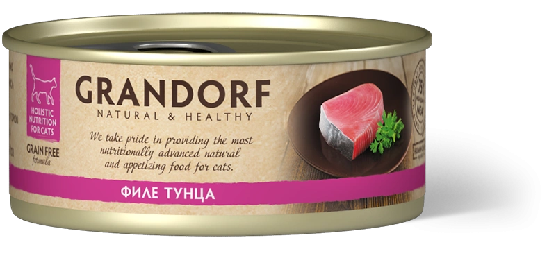 Влажный корм консервы Grandorf Tuna in broth Филе тунца в бульоне, 70 г фото 1
