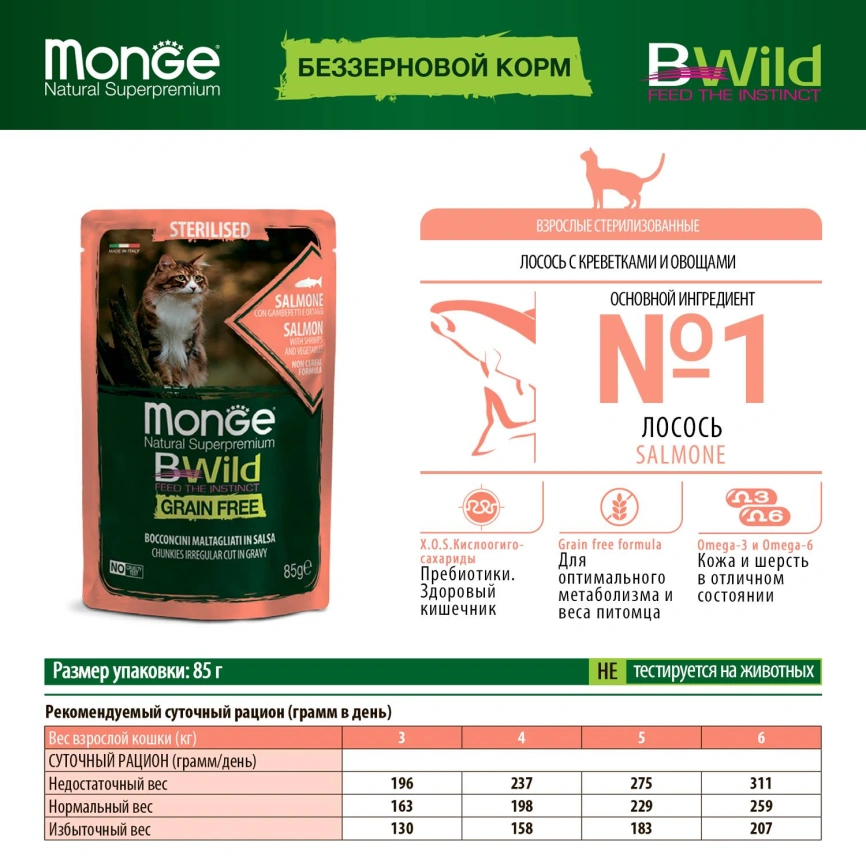 Влажный корм Monge Cat Fresh Salmon для стерилизованных кошек с лососем, 85 г фото 2