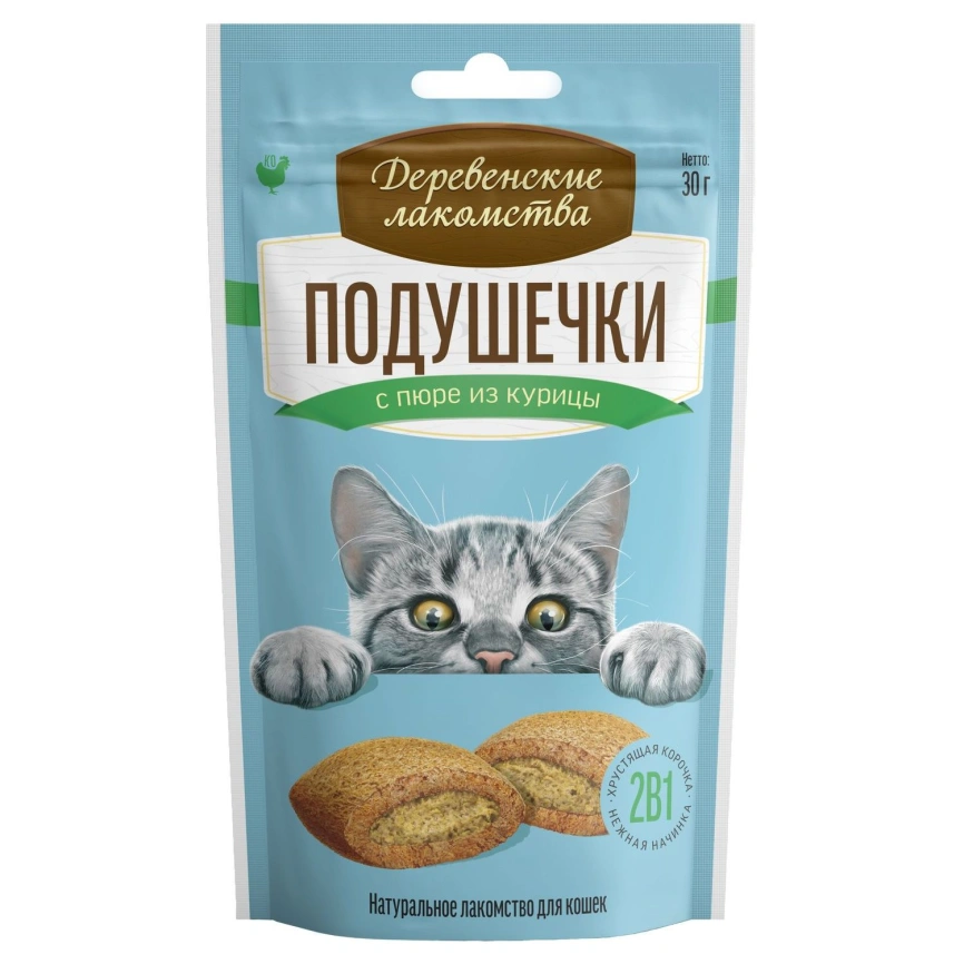 Лакомство «Деревенские лакомства» подушечки с пюре из курицы для кошек, 30 г фото 1